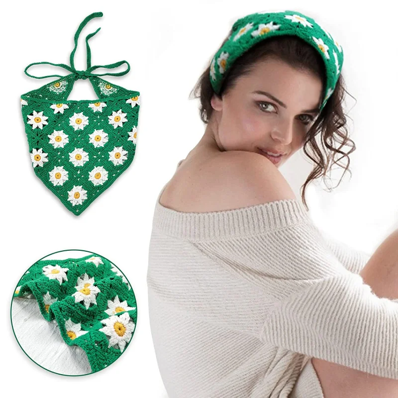 HZO-23036 Spring Daisy Flower Crochet Triangular Bandana Headband Knit Handmade Kerchief Head Scarf