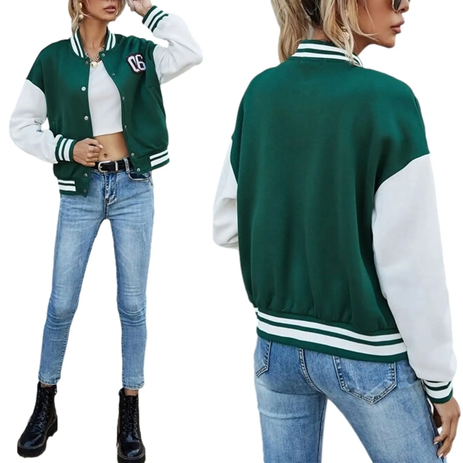 Wholesale Drop Shoulder High School Colorblock Long Sleeve Varsity Jackets Custom For Women