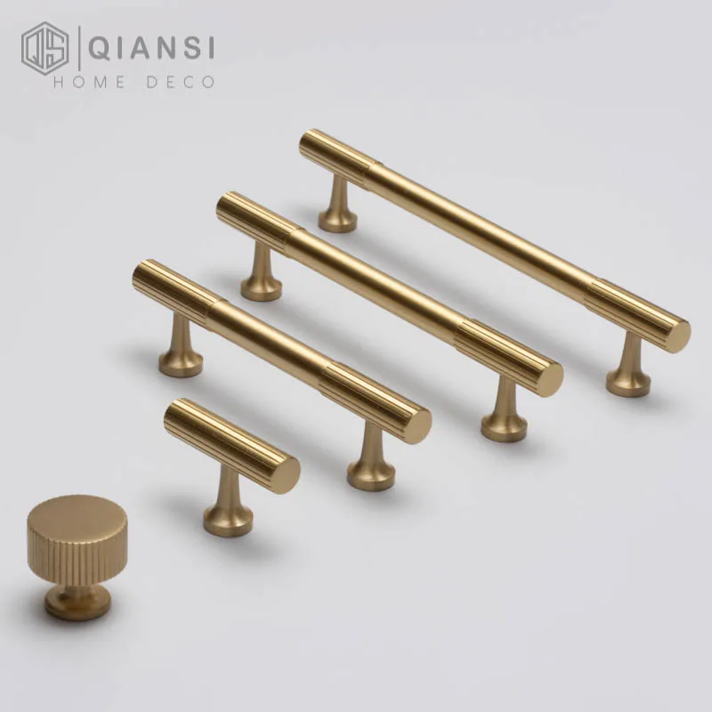Qiansi High Quality Brass t bar 96mm 128mm Long Furniture hardware Kitchen Brushed Finish Drawer Knob for Dresser Modern Handles
