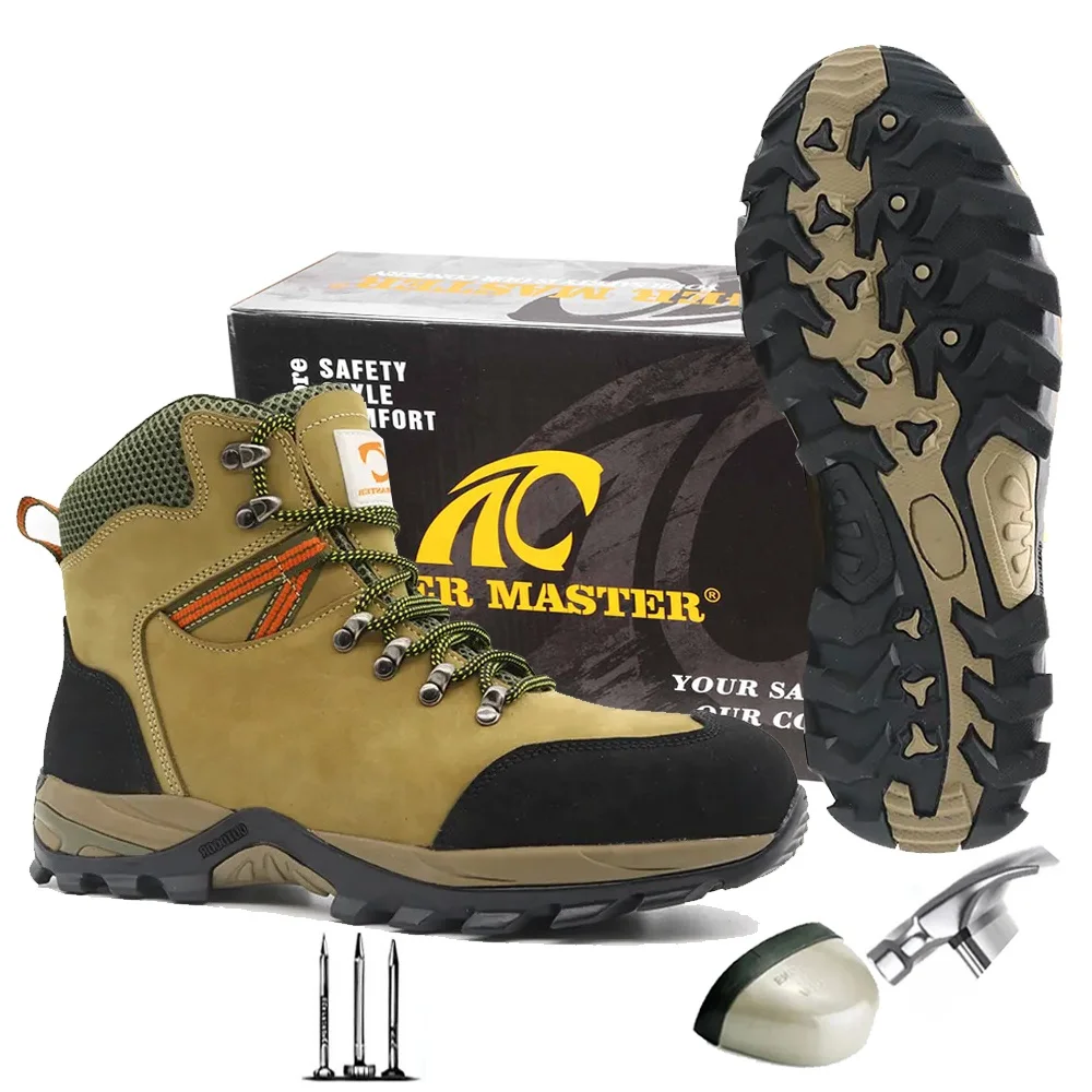 Oil acid resistance non-slip EVA rubber sole genuine leather steel toe outdoor waterproof safety hiking shoes men