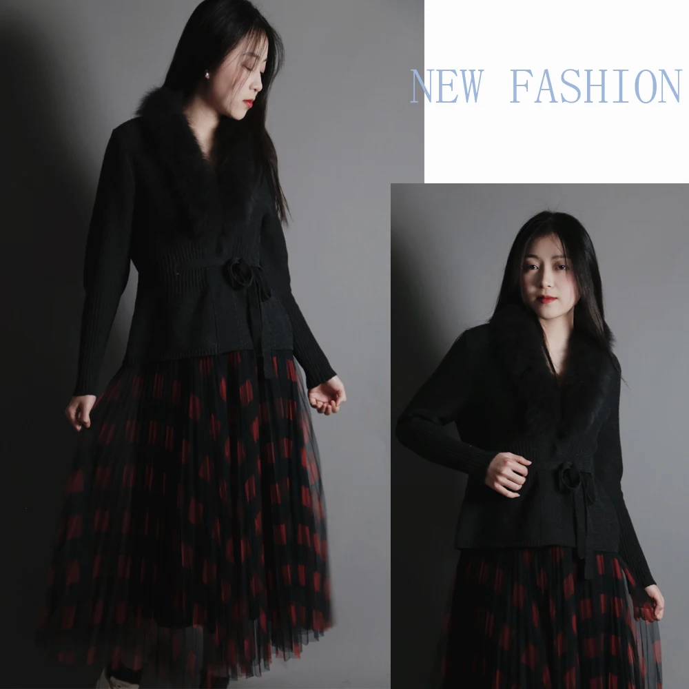 New Arrival Wool Blended Ladies Knit Belted Short Cardigan With Fur Collar