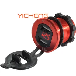 Metal Aluminum Housing 3.1A Dual USB Motorcycle Charger Socket Power Outlet for Marine Boat Car Golf Cart UTV ATV Phones Red