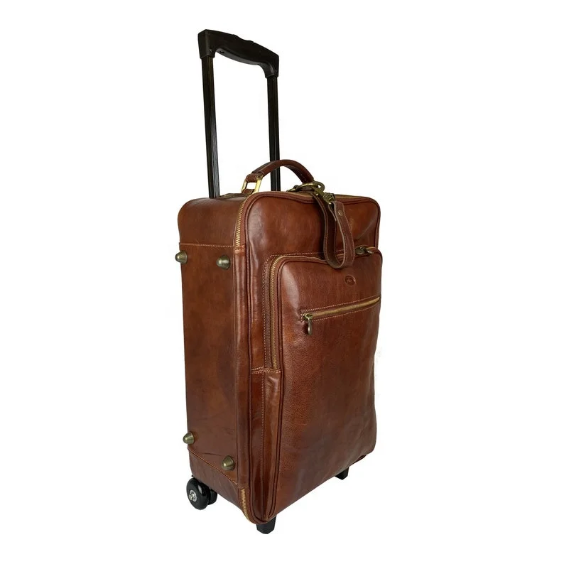 Trolley Travel Suitcase Highest Quality Leather Duffle Bag Brown Wheels and Handle