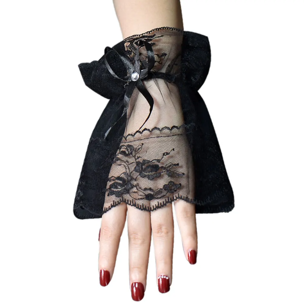 TG-8 Exquisite Wedding Bridal Fingerless Gloves Lace Appliqued Ruffled Ribbon Crystal Bow Bridesmaid Women Pageant Prom Cuff