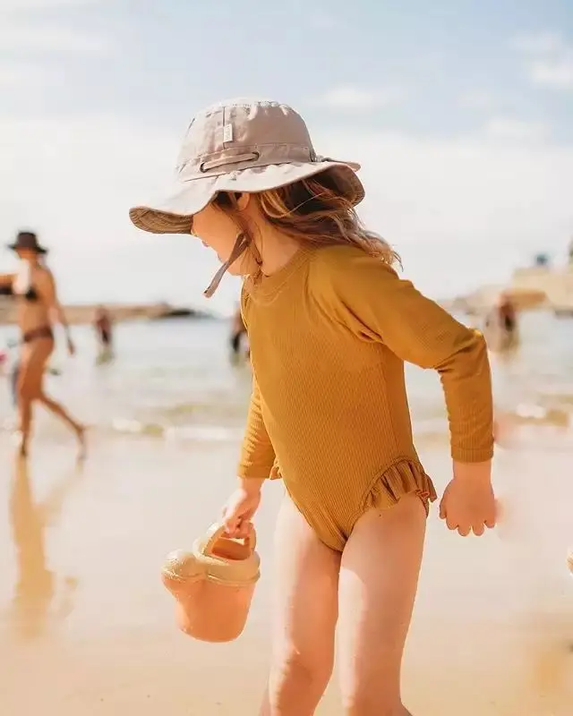 Kids Baby Girl One Piece Swimsuit Long Sleeve Round Neck Back Zipper Monokini Children Swimwear Ruffles Ribbed Bathing Suit