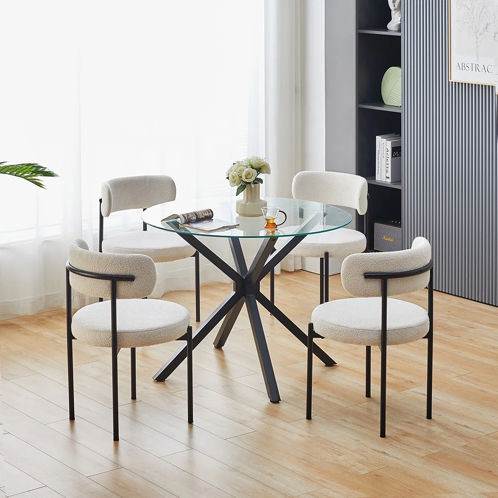 Home furniture modern chrome legs tempered transparent round glass dining table