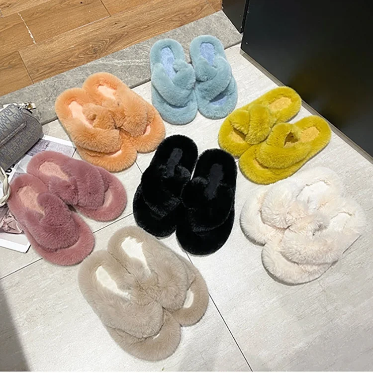 Factory Wholesale Women Fashion Fur Slides Indoor Outdoor Home Fluffy Furry Vegan Fur Slippers