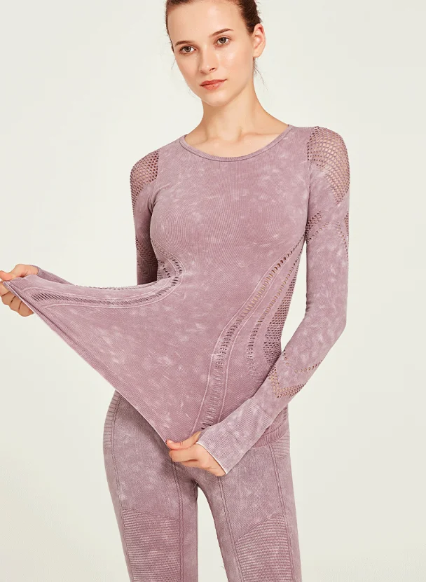 New style fashion cheap women hollow out printing fitness wear long sleeve yoga tights top