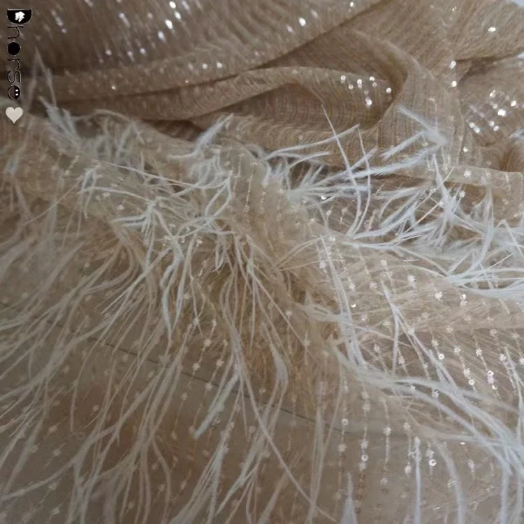Luxury hand made ostrich feather tulle lace fabric with sequin embroidery for formal dress
