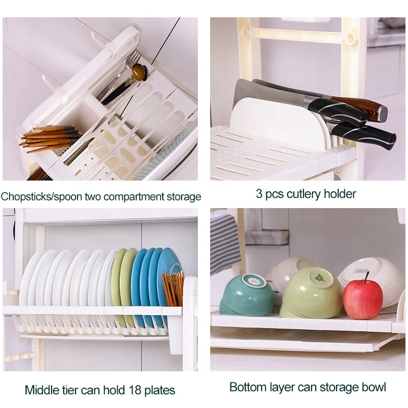 BAOYOUNI 3 Tier Spoon Kitchen Knife Holder Storage Rack Stainless Steel Plastic Organizer Stand Dish Plate Drainer Shelf Racks