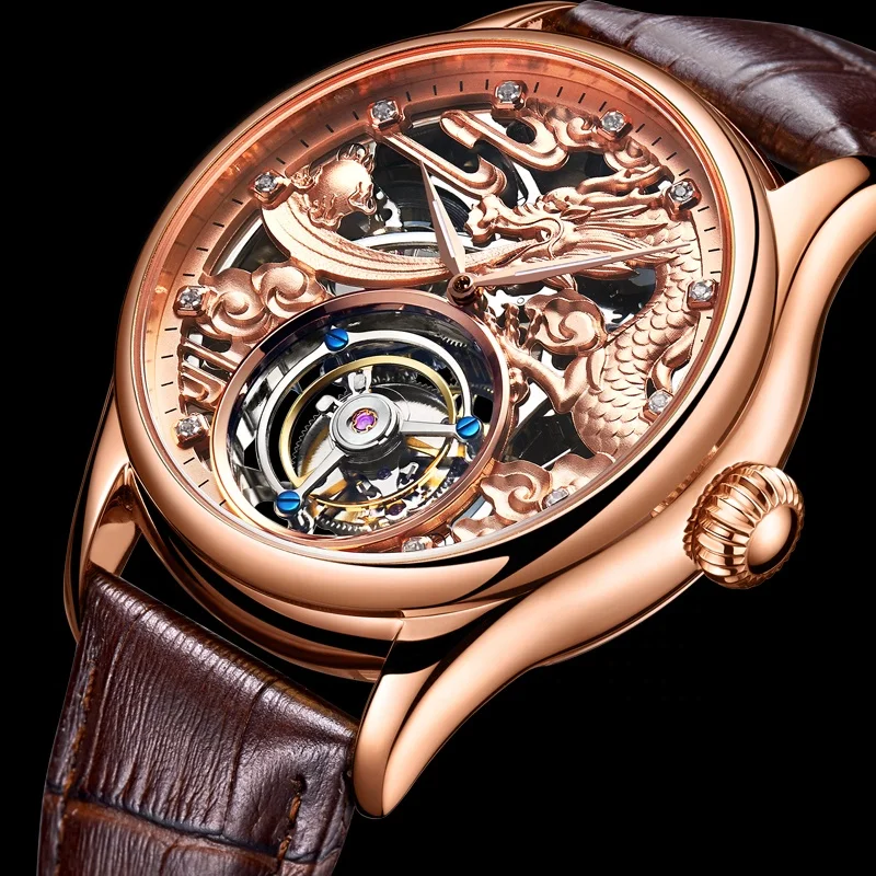 RTS Real Luxury Skeleton Flying Tourbillon Watches with Mechanical movement Wrist Watch Men 3D Dragon Gold Dial Watch