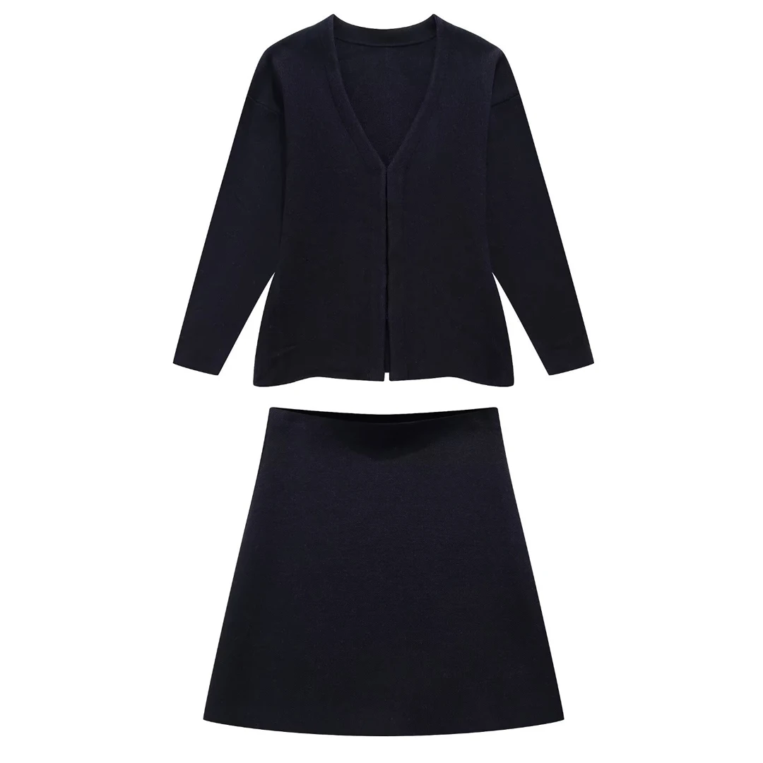 Spring Latest Design Woollen Ribbed Button Cardigan Maxi Dress Knitted Two Piece Set Skirt