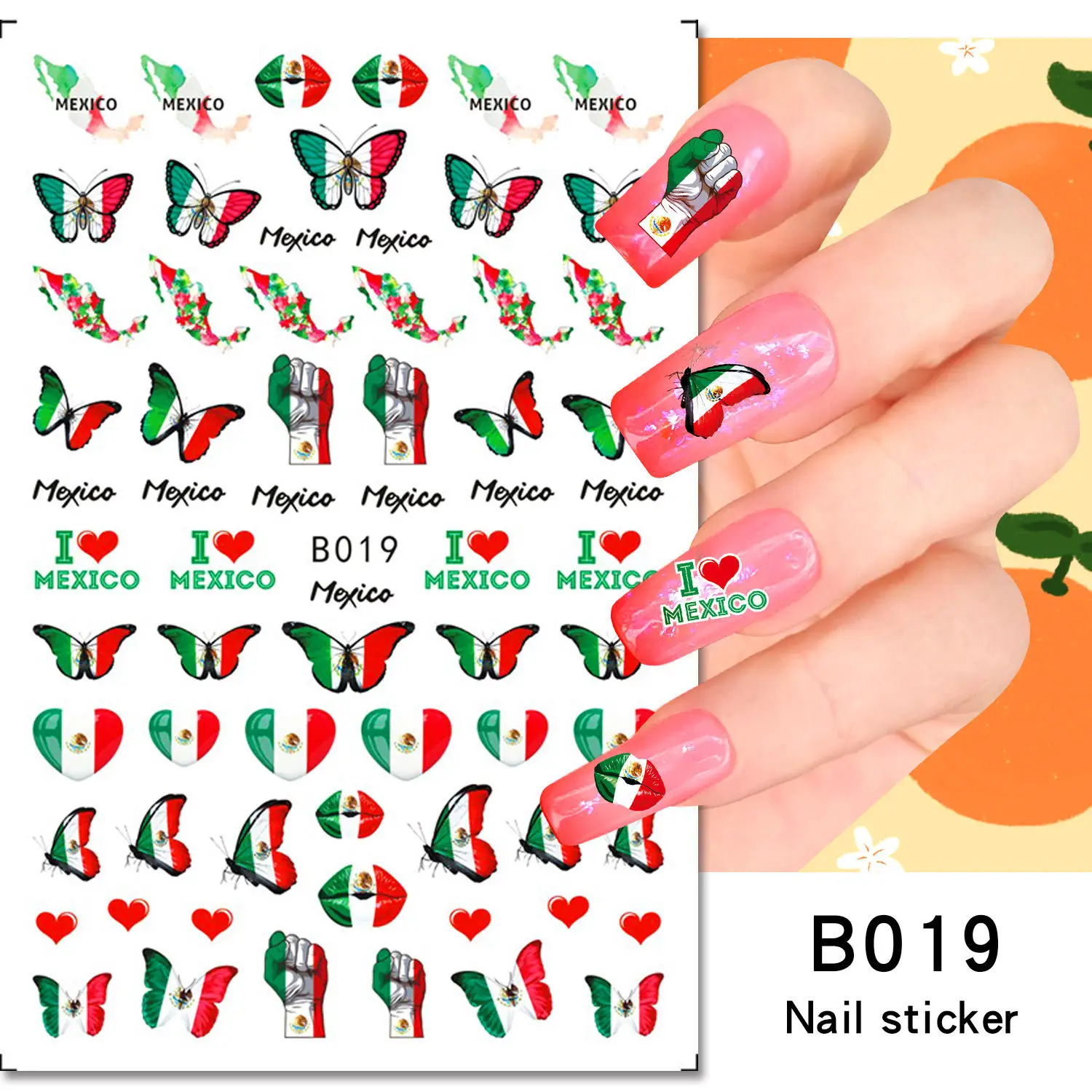 Mexico Flag Nail Art Stickers American Independence Day National Mexican Butterfly Heart Flame Series Nail Decal Slider