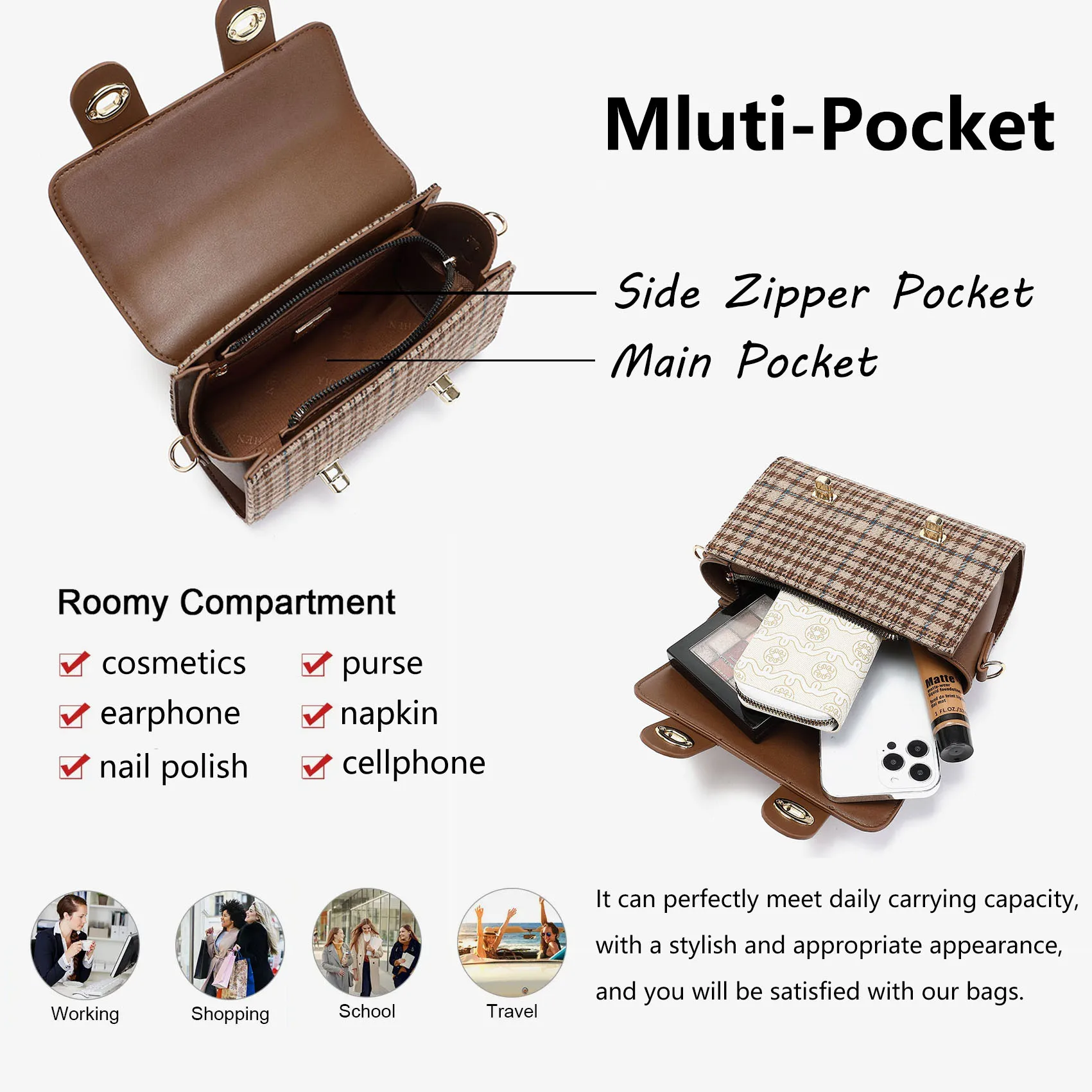 FANXI Customized Logo Hot Handbag Women Checked Handbag Shoulder Slant Cross Girl Retro Purse Casual Messenger Bag Four Seasons