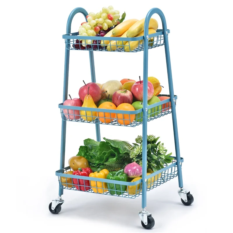 3-Tier Rolling Cart, Heavy Duty Storage Cart with Lockable Wheels Wire Basket Utility Shelf Kitchen Cart