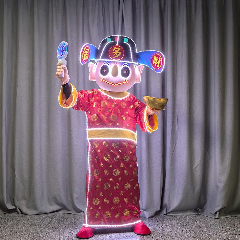 LED Dragon Year God of Wealth Cartoon Doll Costume Performance Stage Mascot Costume for Parties