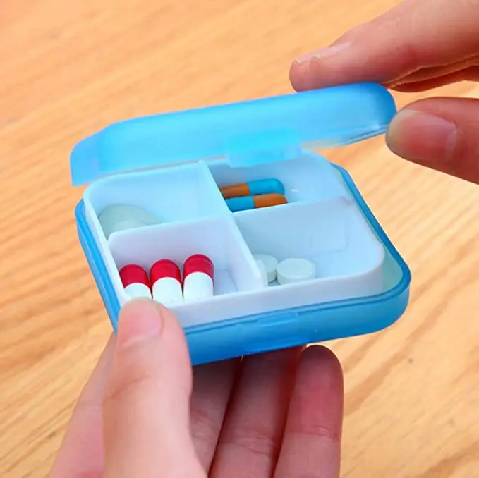 Square Pill Organizer Box 4 Compartment Travel Medication Carry case Container - A Daily Pillbox Dispenser Reminder for Vitamin