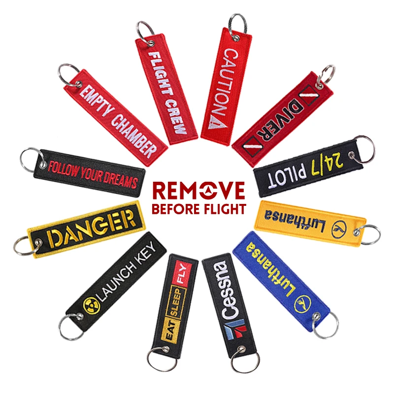 Customized Logo Flight Tag Aviation Keychain Key Fob Wholesale Remove Before Flight Woven and Embroidered Logo