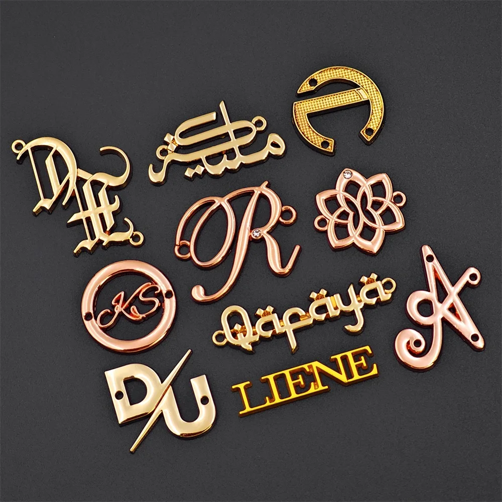 Costume embossed name abaya design metal clothing custom brand plate metal tags handbag metal label logo for clothes clothing
