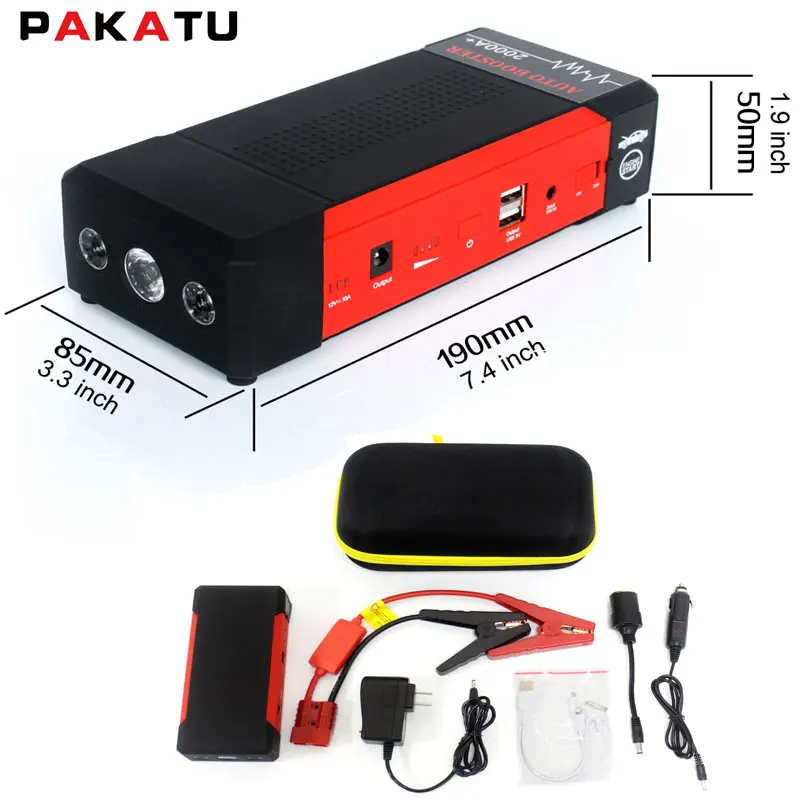 Автомобильный аккумулятор для баттареи jump starter kit 24000 ма/ч 2000amp пиковое значение тока ноутбук зарядное устройство с usb кабель 12 Вольт Дополнительный внешний заводки