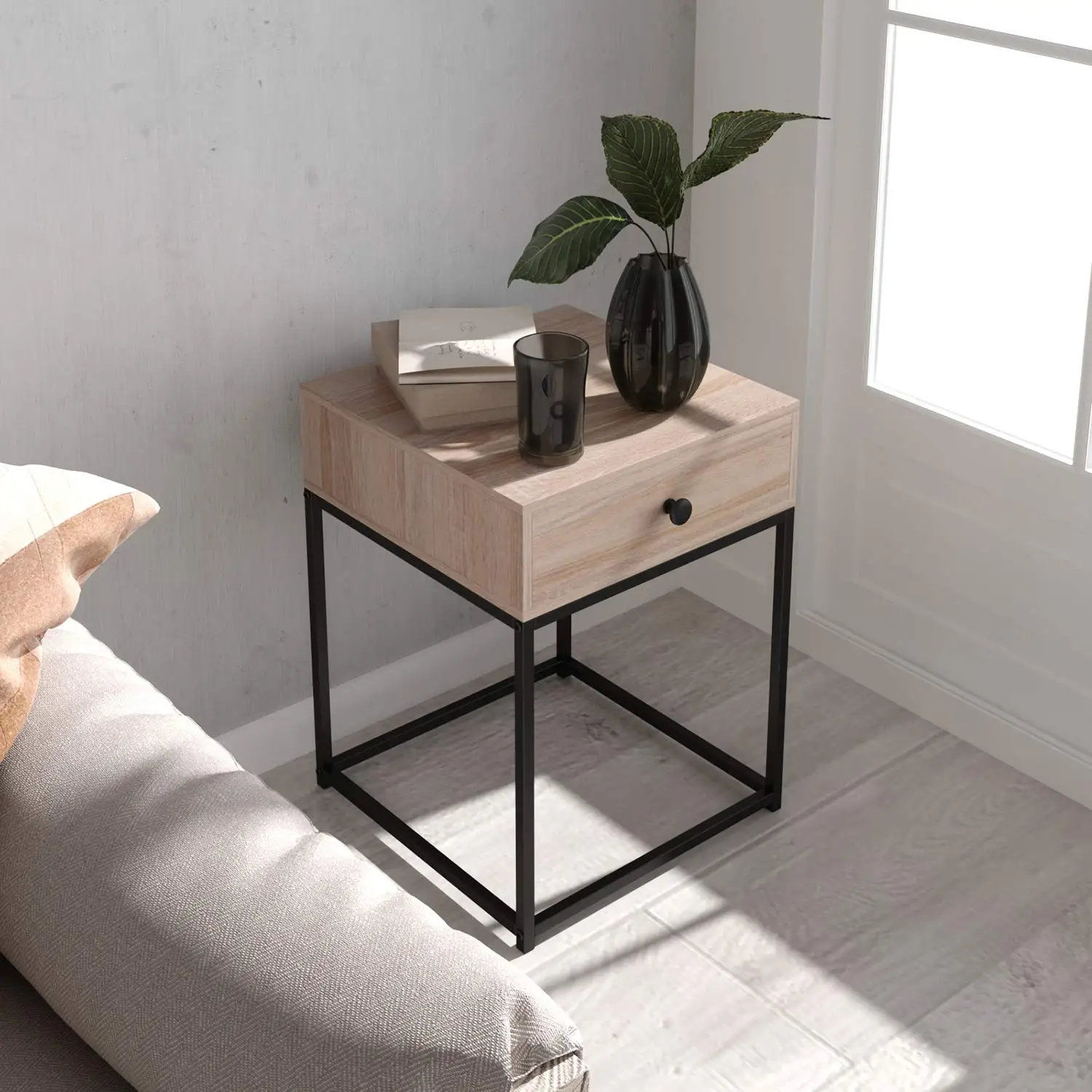 Ready Assembled Russian Oak Bedside Table Wooden Navy Night Stand Metal Wide Night Light Nightstand