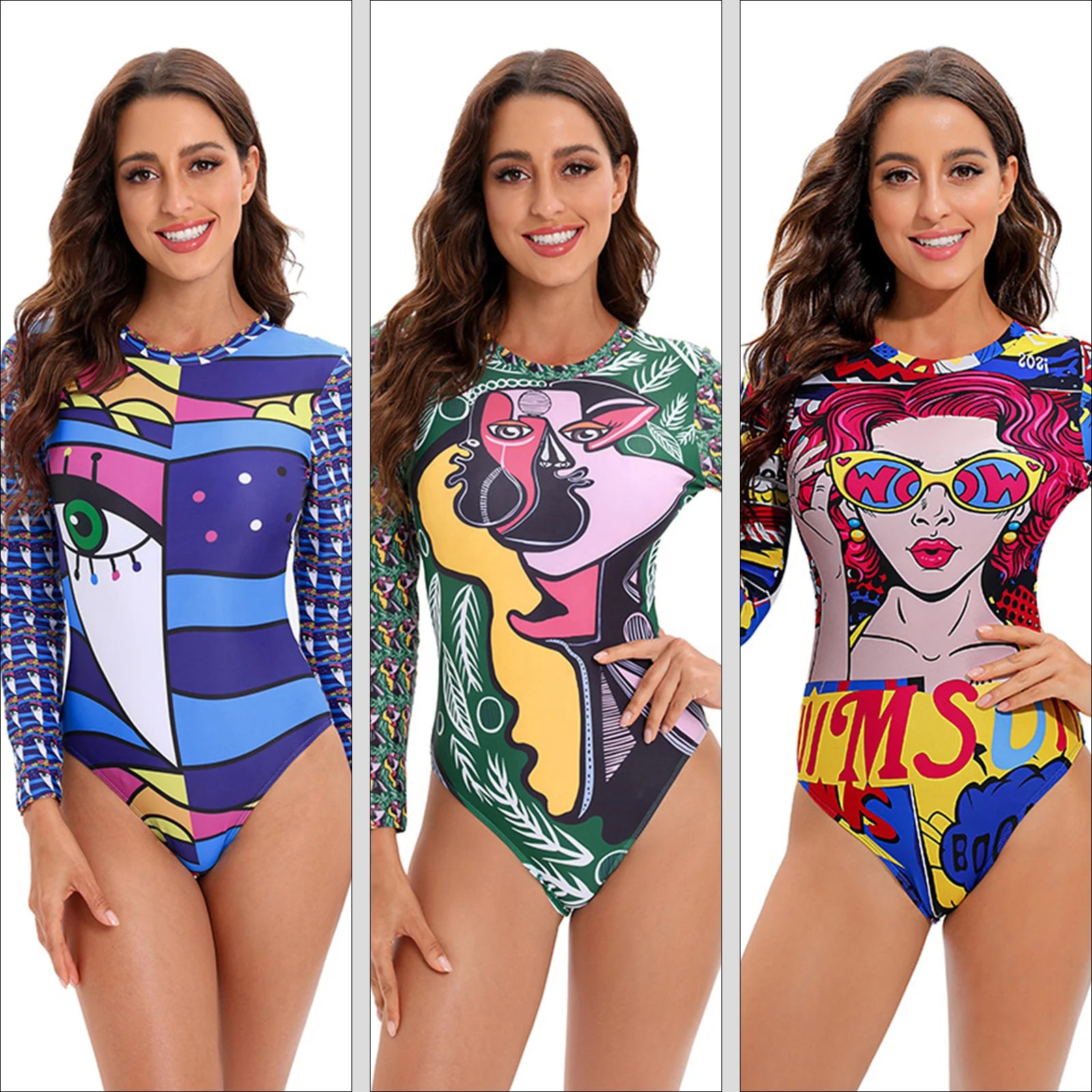 MOQ 1 Piece New One Piece Digital Printed Personality Abstract Women Long Sleeve Swimsuit Bikini