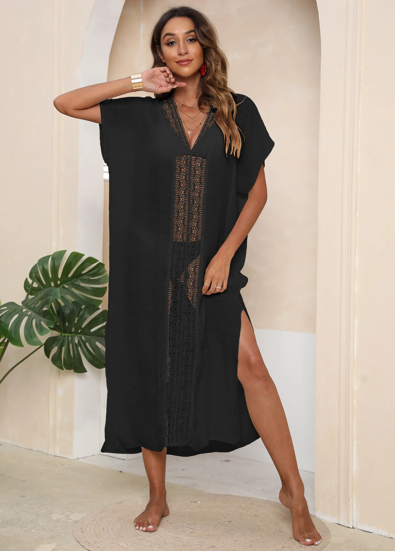 2024 Factory Women Sexy Summer Resort swimwear Beachwear Crochet Striped V Neck Long Bikini Beach Kaftan Cover Up Dress