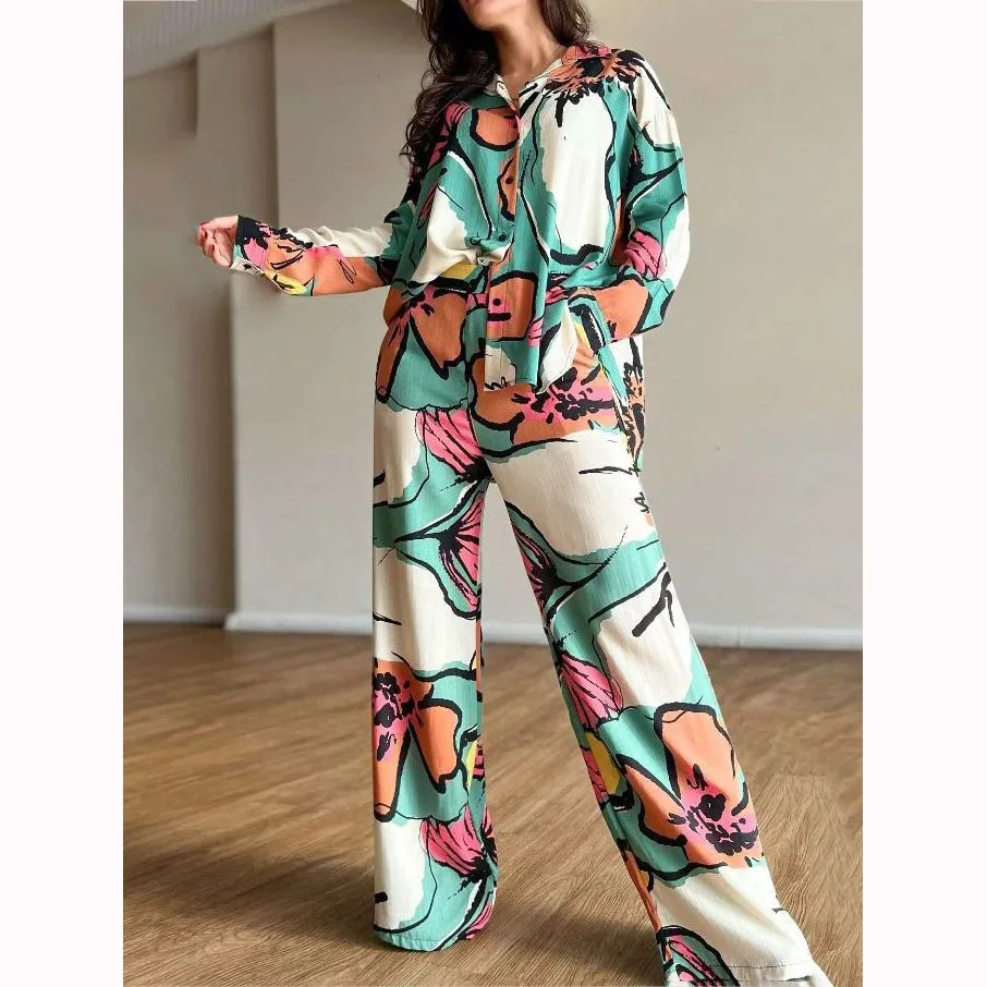 RedPeony Fashion Casual Two Piece Suit Women Loose Wide Legs Trousers Suits 2024 Long Pant Sets Print Shirt Two Piece Set