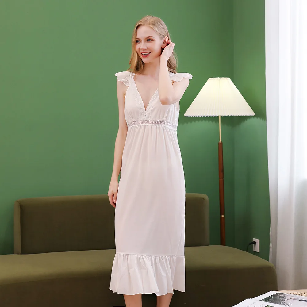 Factory wholesale 2024 summer new French court style pajamas lace V-neck dress ladies pajamas