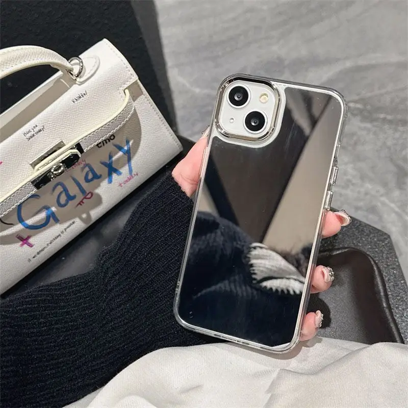Laudtec Hard Mirror Back Soft Bumper Protective Cover Girls Woman Makeup Cell Phone For iPhone 14 14 Pro Max Mirror Phone Case