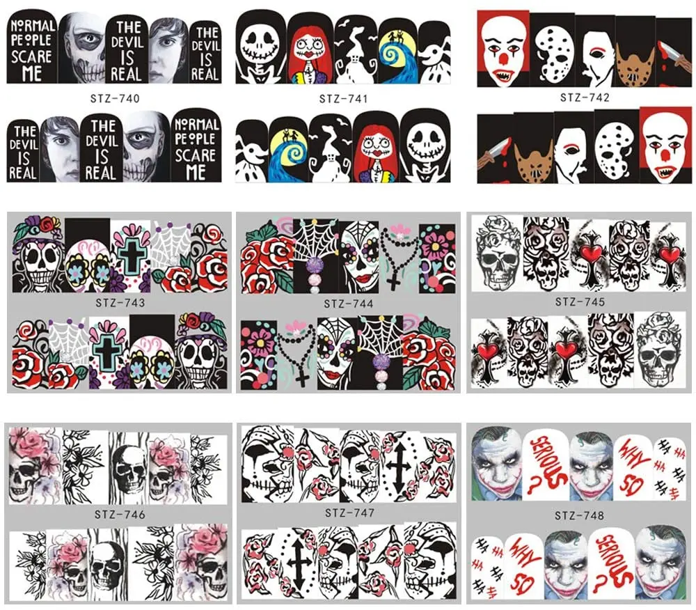 Free Shipping 25 Sheets Halloween Nail Stickers Day of The Dead Water Transfer Nail Decals Skull Ghost Eye Skull Eye Spider