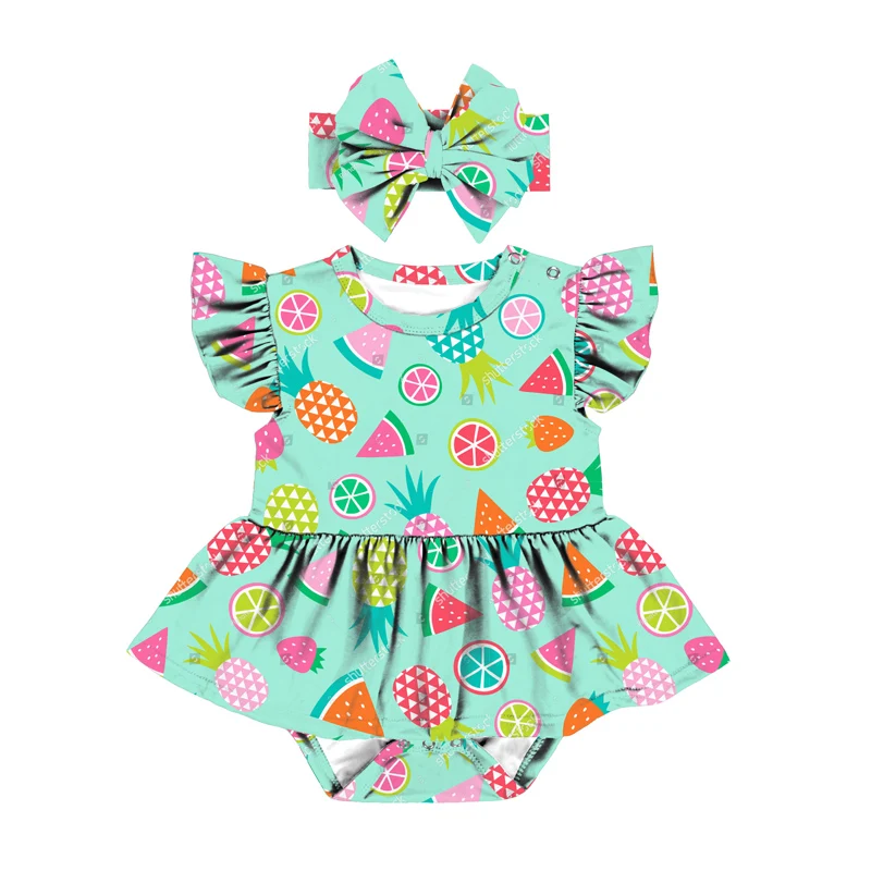 2023 Custom Print Toddler Baby Girls Flutter Short Sleeve One Piece Skirted Romper Bodysuit Outfit