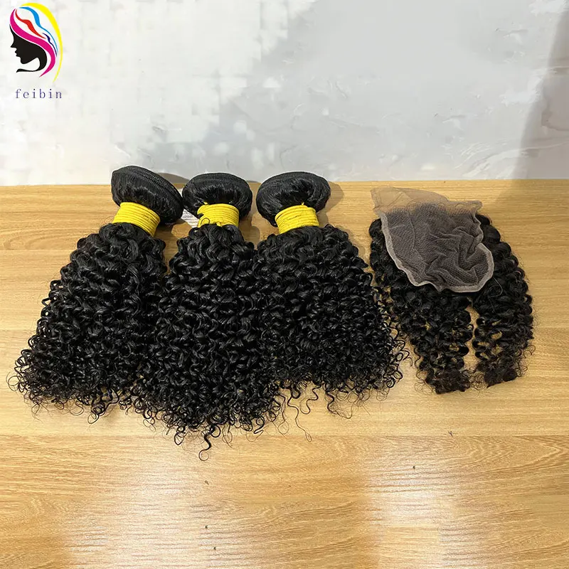 Grade 9A Kinky Curly Natural mink brazilian virgin raw indian cuticle aligned vendor Human Hair Bundle with lace closure