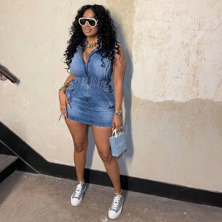 Wholesale usa size S-2XL fashion women clothes stretchy denim jeans sleeveless dress