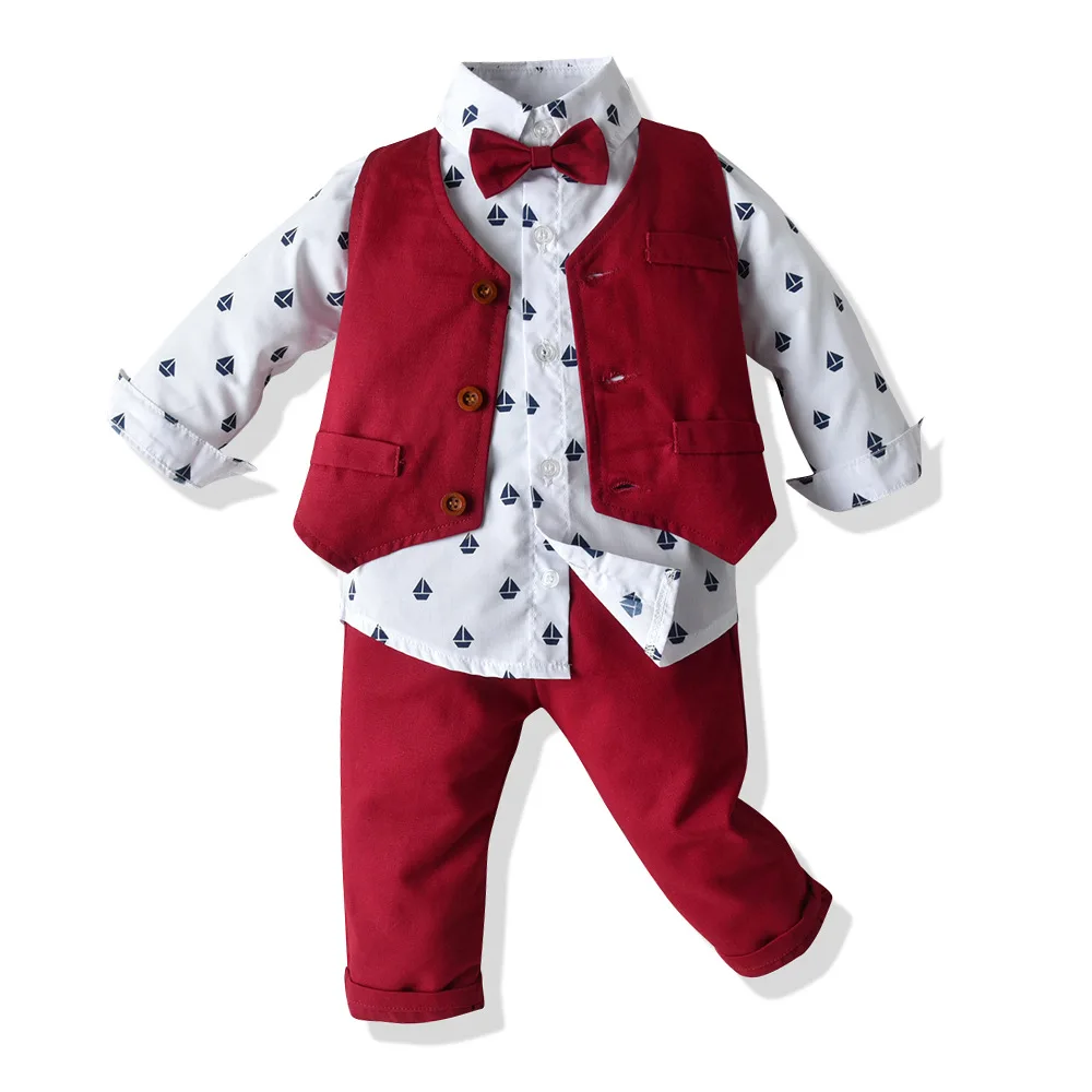 Fashion Baby Boy Gentleman Clothing Set Long Sleeve Bowtie Romper Shirt+Vest+Pants 3Pcs Suit Infant Boy Clothes