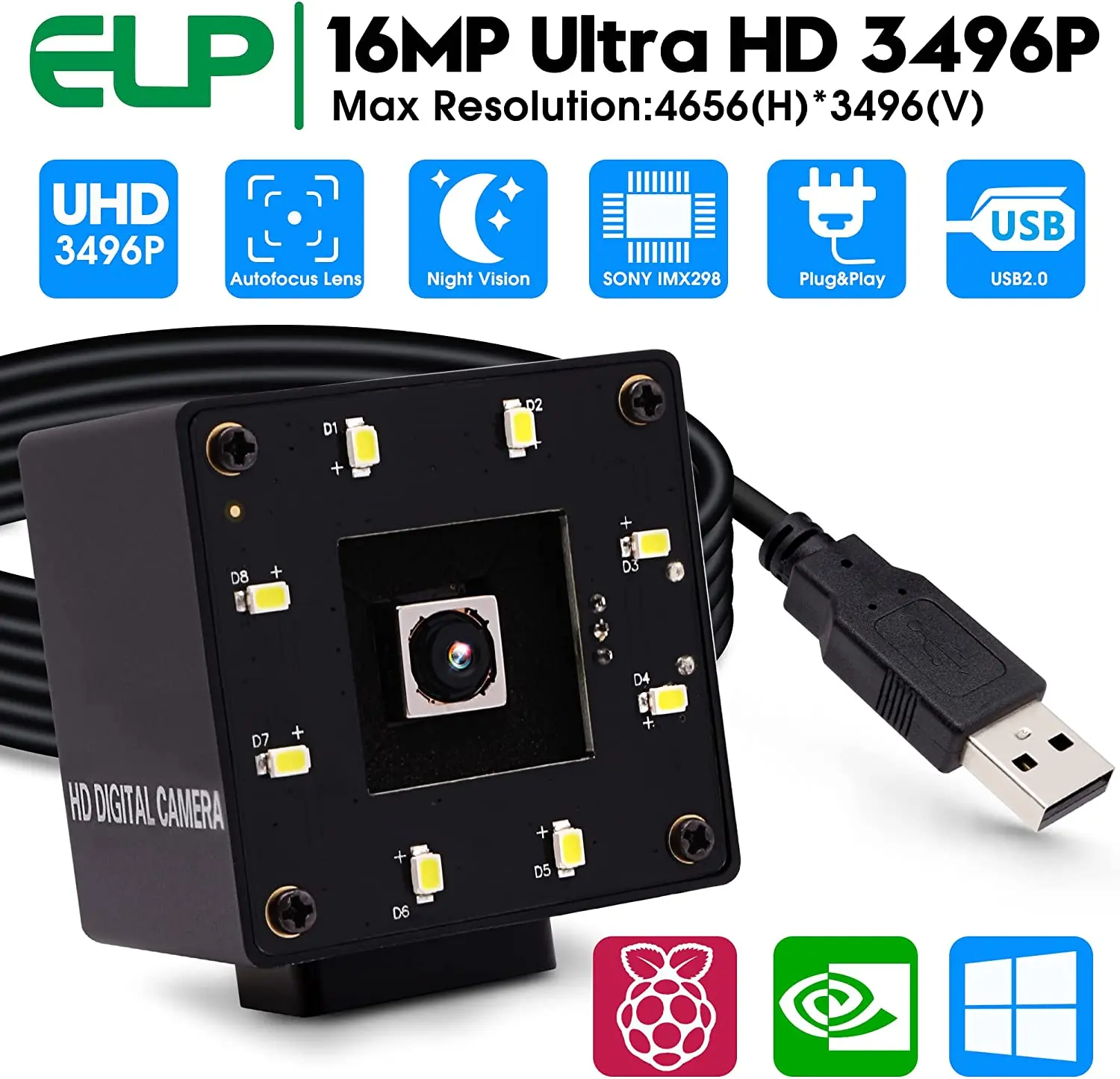 ELP 16mp Auto focus USB Webcam with Metal Case Day & Night Vision AF USB Camera IMX298 4K Mini PC Camera UVC USB2.0 For Scan