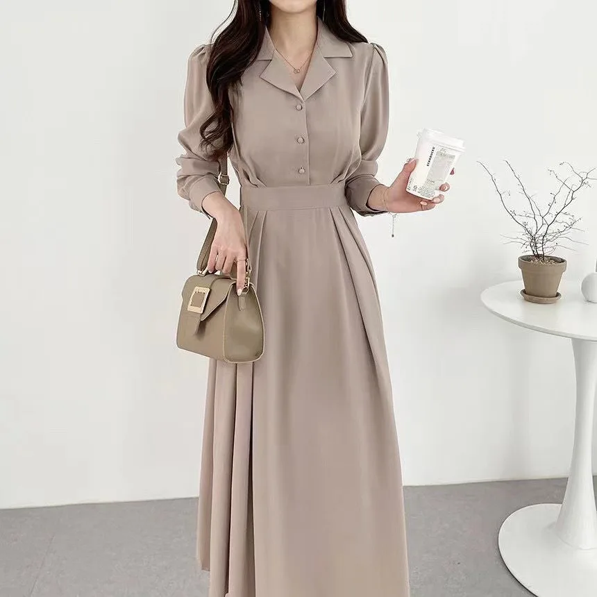 New Fashion Lady Korean Style One Piece Dress Long Sleeve Single Breasted Shirt Dress Women