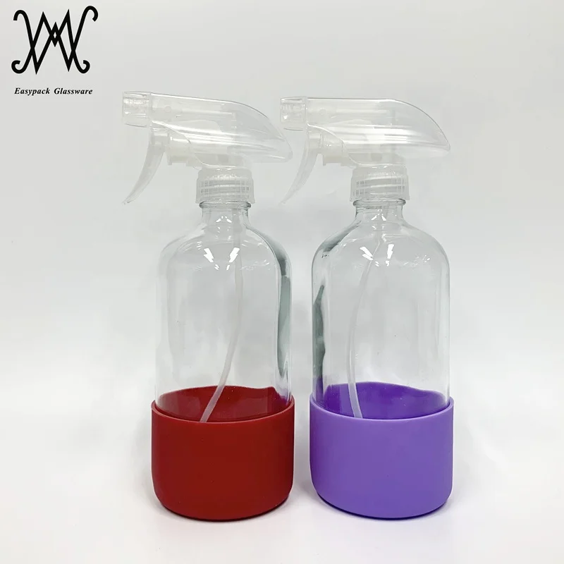 16oz clear amber cobalt blue boston round glass gun spray bottle with silicone sleeve