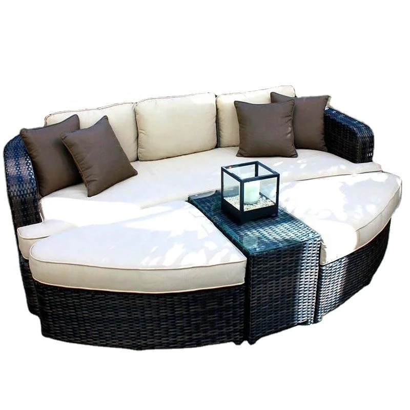 Walden Outdoor Furniture Round Daybed with Canopy Patio Rattan Resin Wicker Round Sun Bed Rope Lounger Metal Frame Style T643