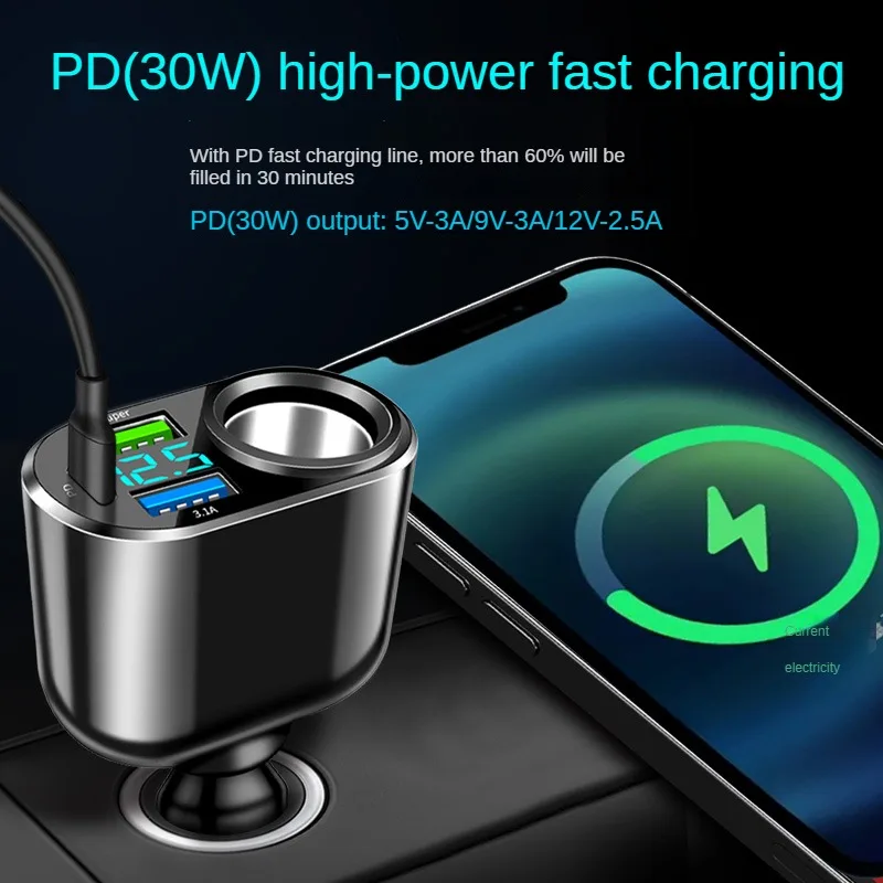 New Arrivals Car charger with LED digital display 30W 4 in 1 Quick Adapter Cigarette Light Expansion Type C PD Car charging stat