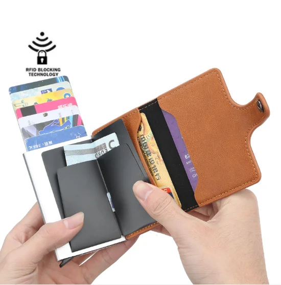 Pop Up PU Leather Metal Wallet RFID Blocking Automatic Aluminium Credit Card Holder Custom