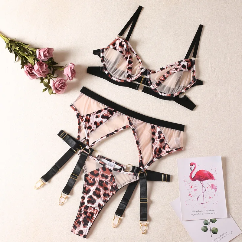 Deep Love Cow Lingerie Catalog of Sexy Lingerie Leopard Lingerie 3-Piece Set Push up Bandage Bra Outfit Naked Women Extremely