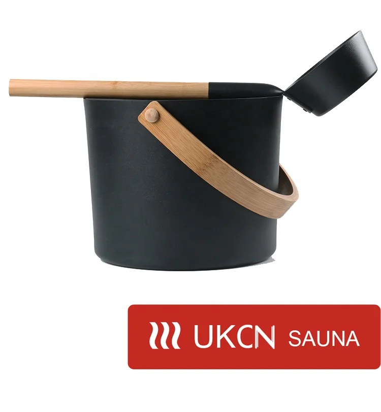 Aluminium Sauna bucket with bamboo handle, metal bucket with wooden handle