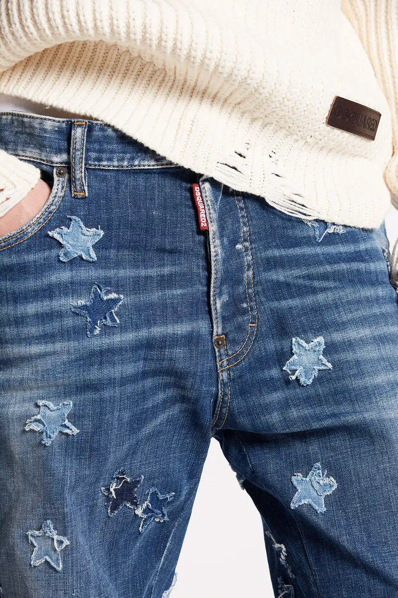 Medium Stars Wash Roadie Jeans Embroidered Patches Stretch Cotton Boot Cut Denim Jeans Men