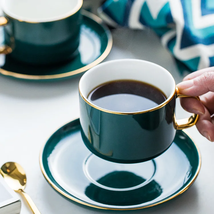 Real Gold Handle High Quality Color Glazed New Bone China Ceramic Coffee Tea Cup With Saucer