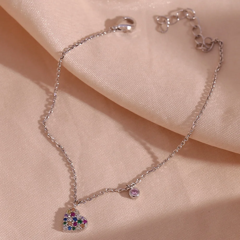 Rhodium Plated Crystal Rhinestone Heart Charm Love Bracelet 925 Sterling Silver for Women