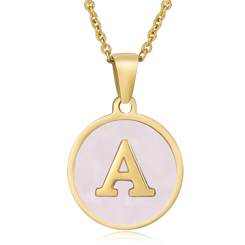 Personalized stainless steel gold plated A-Z 26 initial letters women lovely pink shell round pendant necklace