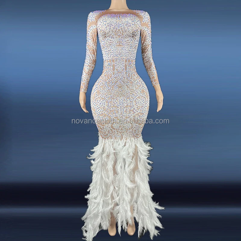 Женское боди со стразами, сексуальная сетчатая Прозрачная Клубная одежда, вечерние платья, костюм для автошоу на день рождения, танцевальные костюмы, платья с белыми перьями