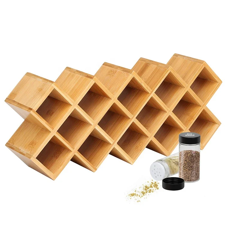 Criss-Cross 18-Jar Bamboo Countertop Spice Rack Organizer, Kitchen Cabinet Cupboard Wall Mount Door Spice Storage