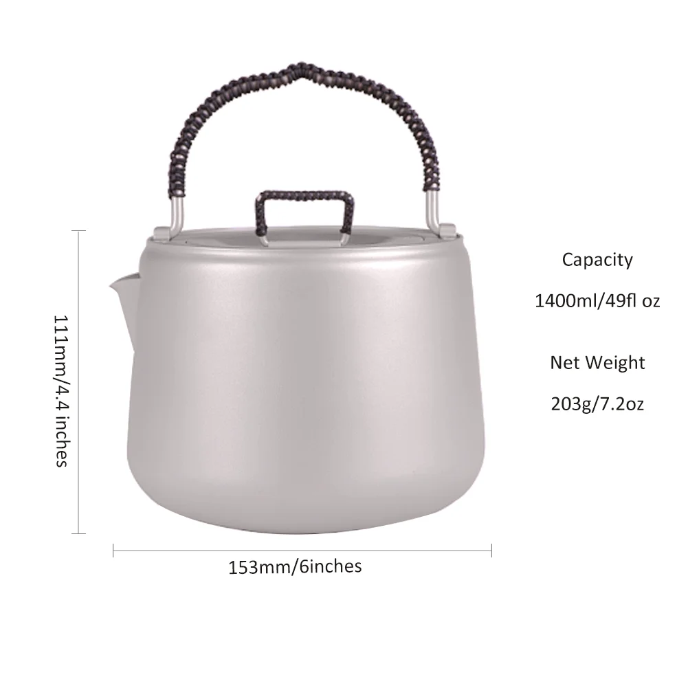 
1.4L/49fl oz camping titanium water kettle with filter with handle 